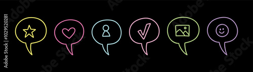 Colorful cute line doodle kid dialog bubbles. School childish text speech box. Social media reaction, like, follow symbols. Neon acid hand drawn elements. Crayon scribble