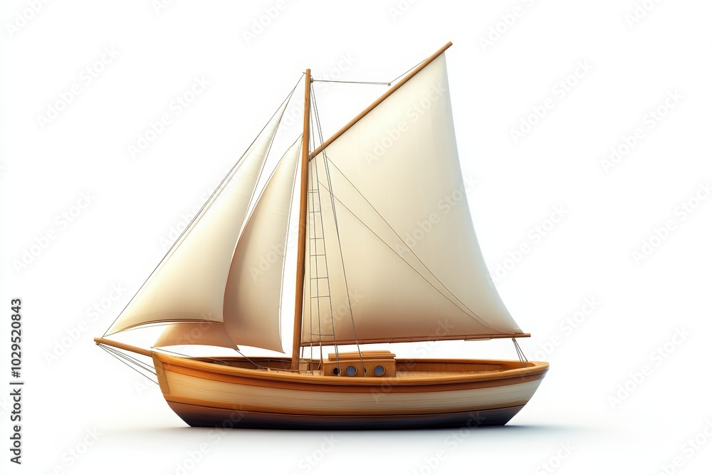 Sailboat with white sails on a calm sea, isolated on a white background. Sailboat with white sails on a calm sea, isolated on a white background.