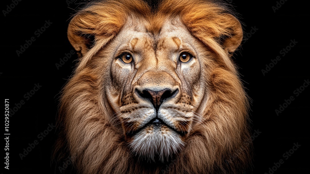 Majestic male lion portrait on black background for wildlife art and digital media Majestic male lion portrait on black background for wildlife art and digital media