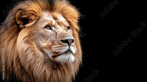 Majestic lion portrait on bold black background for wildlife-themed designs