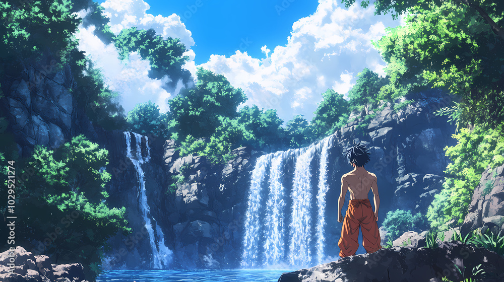 Fototapeta premium Shonen Hero Training in Mountain Temple: Anime Art