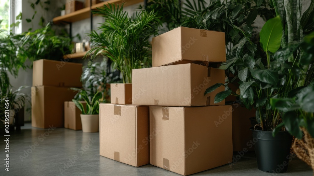 Moving boxes in a greenery-filled home for spring relocation concepts Moving boxes in a greenery-filled home for spring relocation concepts