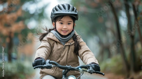 Young girl riding her bicycle happily on a tree lined path during autumn