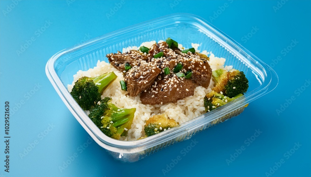 Cauliflower rice with stir-fried beef and broccoli, sprinkled with sesame seeds, in a clear Cauliflower rice with stir-fried beef and broccoli, sprinkled with sesame seeds, in a clear