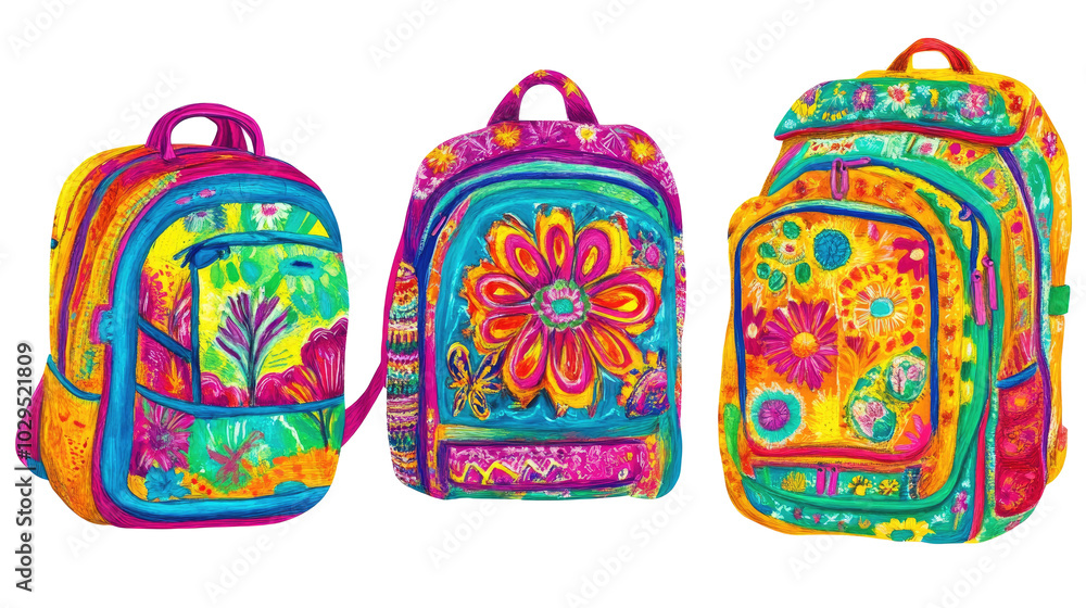 Colorful Collection of School Backpacks on a White Background Generative AI Colorful Collection of School Backpacks on a White Background Generative AI