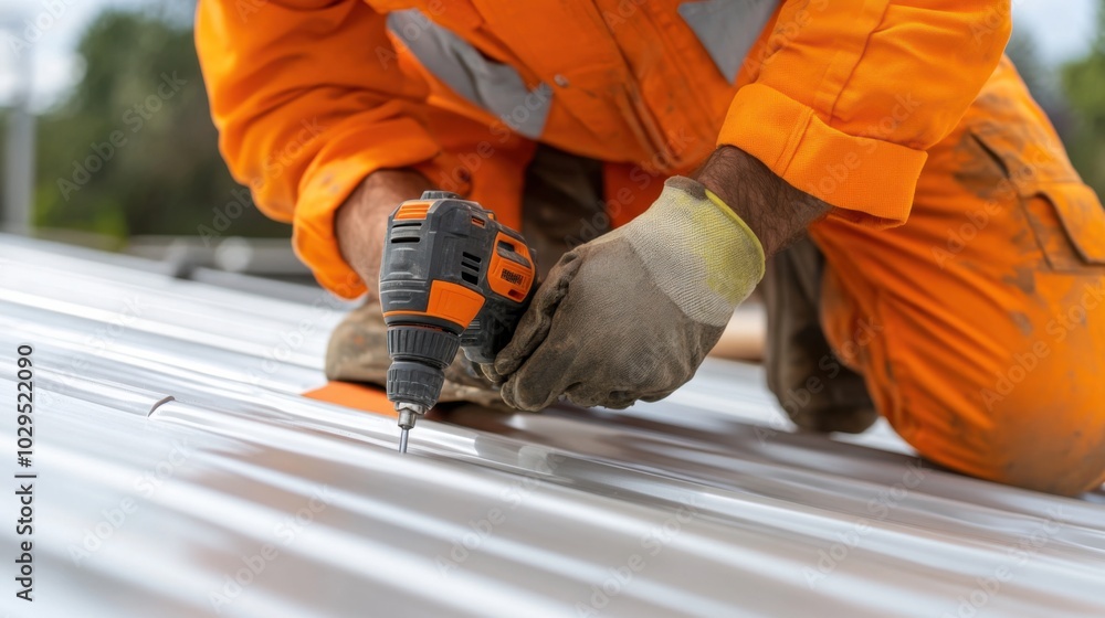Professional roofing installation: engineers fitting cpac roof with precision tools for construction Professional roofing installation: engineers fitting cpac roof with precision tools for construction