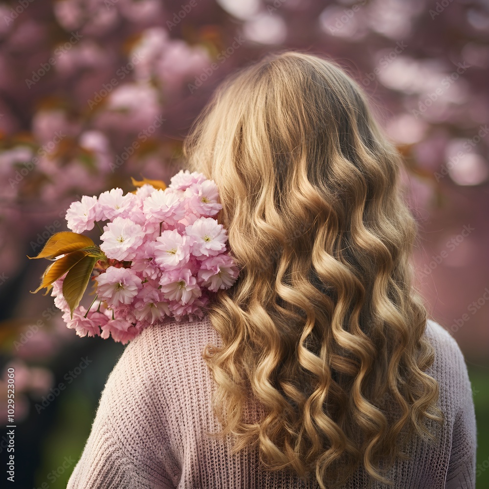 Naklejka premium A beautiful young woman with long blonde curls holds a sakura branch, captured from behind. 