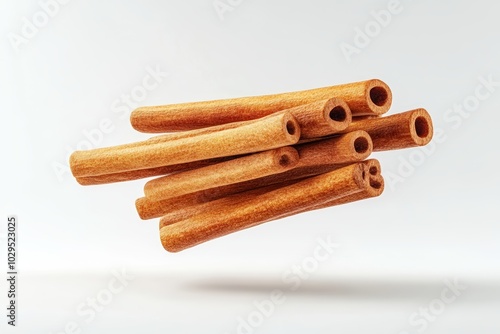 Cinnamon sticks floating against a white isolate background. photo