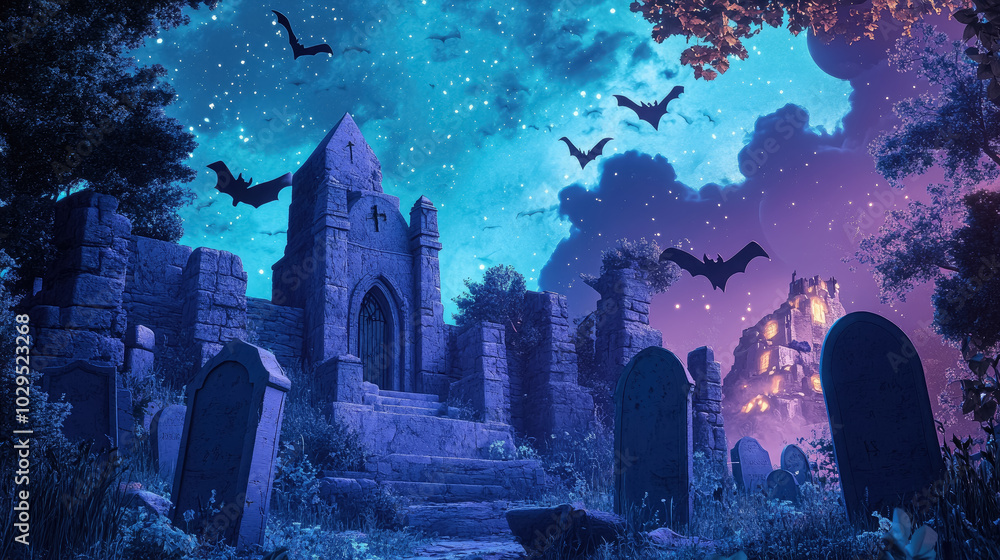 Obraz premium gravestones in cemetery, bats in night sky, halloween, october 31, fear, graves, death, day of the dead, cartoon illustration, scary place, landscape