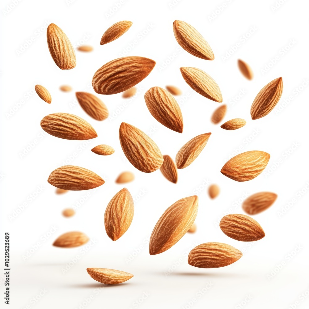 Falling almonds, white isolated background. Falling almonds, white isolated background.