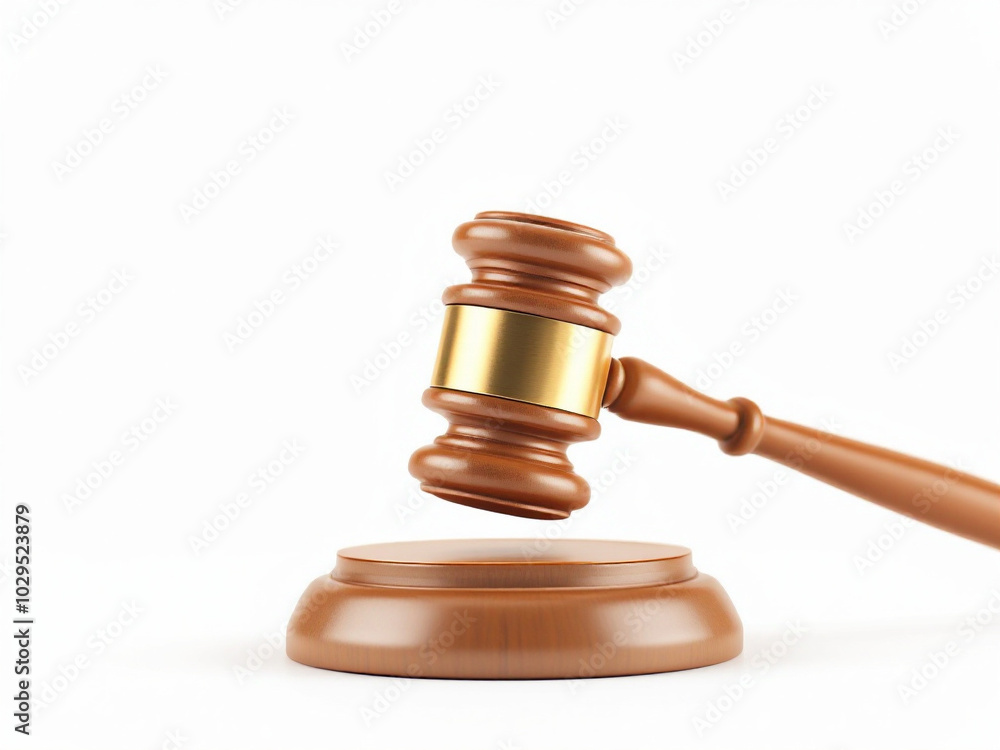 A wooden gavel rests above its base, symbolizing justice and authority white background A wooden gavel rests above its base, symbolizing justice and authority white background