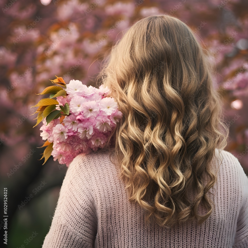 Naklejka premium From behind, a young woman with long curly blonde hair holds a branch of blooming sakura flowers. 