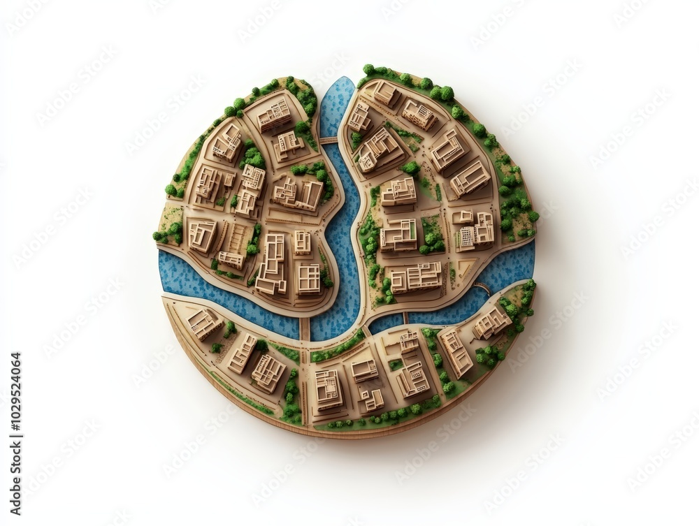 Model of a modern urban landscape with rivers and greenery on a circular base.