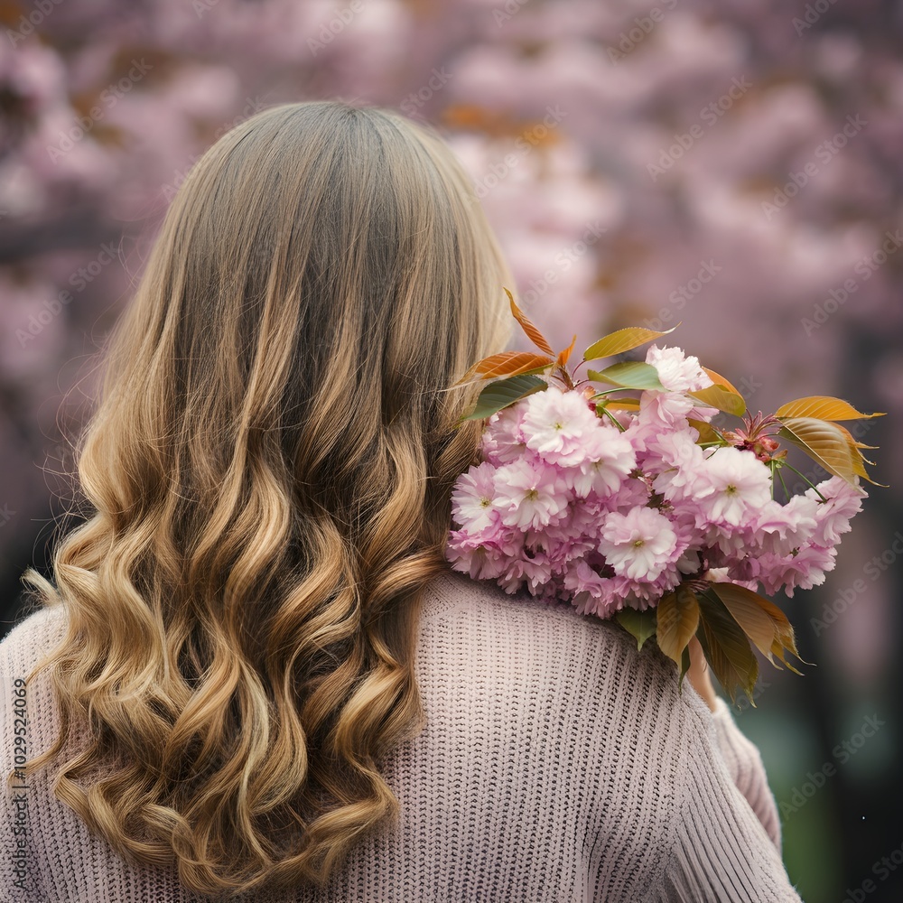 Naklejka premium A beautiful young woman with long curly blonde hair holds a blooming sakura branch, viewed from behind.