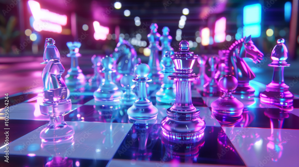 vibrant holographic chess game featuring translucent pieces illuminated by colorful neon lights creates captivating atmosphere. intricate details of each piece reflect dynamic environment, enhancing vibrant holographic chess game featuring translucent pieces illuminated by colorful neon lights creates captivating atmosphere. intricate details of each piece reflect dynamic environment, enhancing
