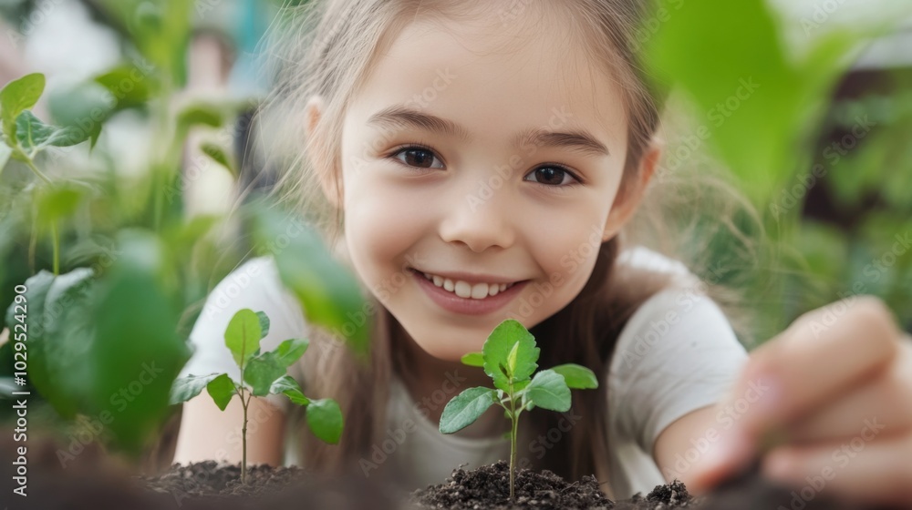 Spring gardening for kids: young girl planting saplings in a garden setting Spring gardening for kids: young girl planting saplings in a garden setting