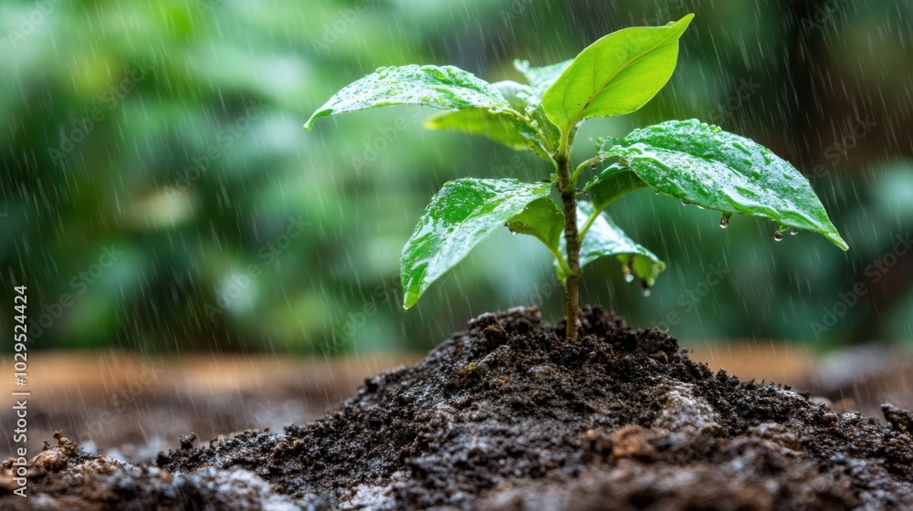 Spring growth: young plant thriving in rainy conditions for agricultural inspiration Spring growth: young plant thriving in rainy conditions for agricultural inspiration