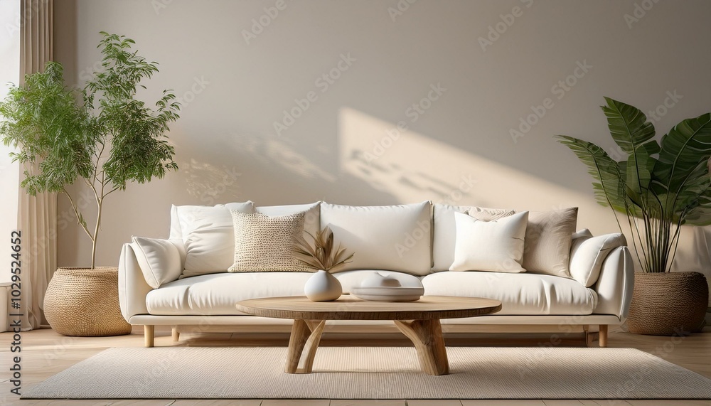 Clean Scandinavian living space with a white linen couch, a light wood coffee table, and a n Clean Scandinavian living space with a white linen couch, a light wood coffee table, and a n