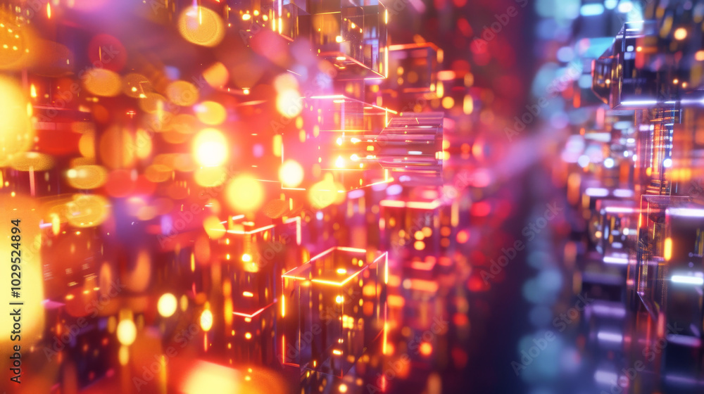 Naklejka premium Vibrant abstract representation of quantum computing with glowing cubes and lights, showcasing advanced technology and data processing at high speeds
