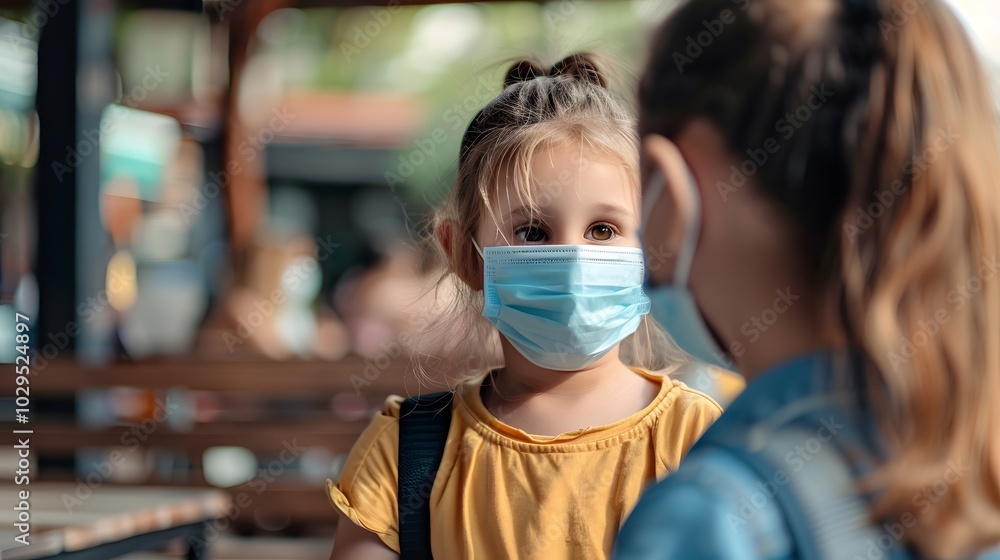 Fototapeta premium Little Girl With Face Mask Talking to Doctor