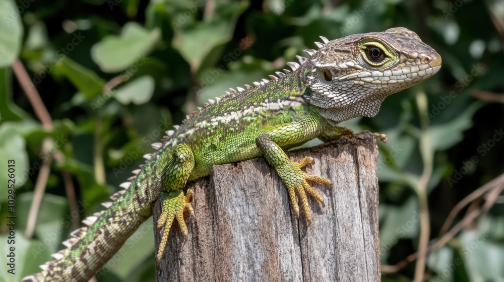 Vibrant green reptile perched on wooden pole in lush spring habitat - nature photography for wildlife enthusiasts Vibrant green reptile perched on wooden pole in lush spring habitat - nature photography for wildlife enthusiasts