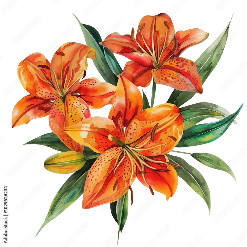Fototapeta premium Summer Floral Bouquet: Orange Lilies on transparent background