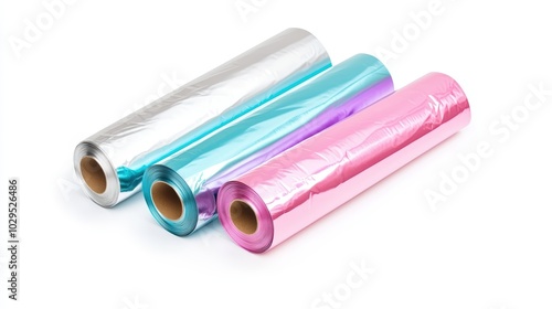 Colorful rolls of metallic foil on white isolate background.