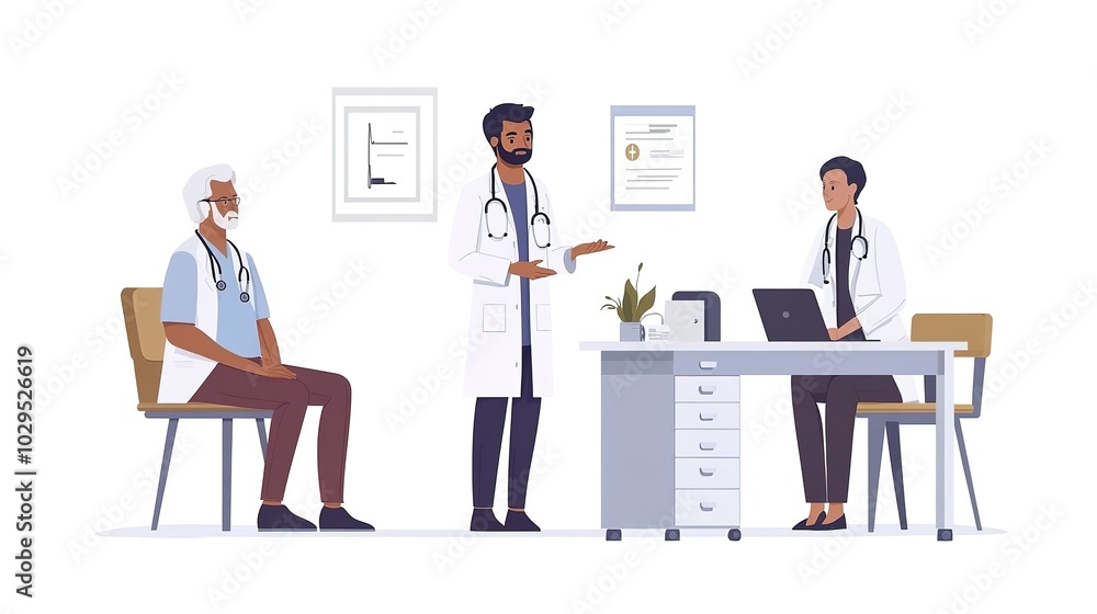 Three doctors, one sitting, one standing and one looking at a laptop. . Three doctors, one sitting, one standing and one looking at a laptop. .