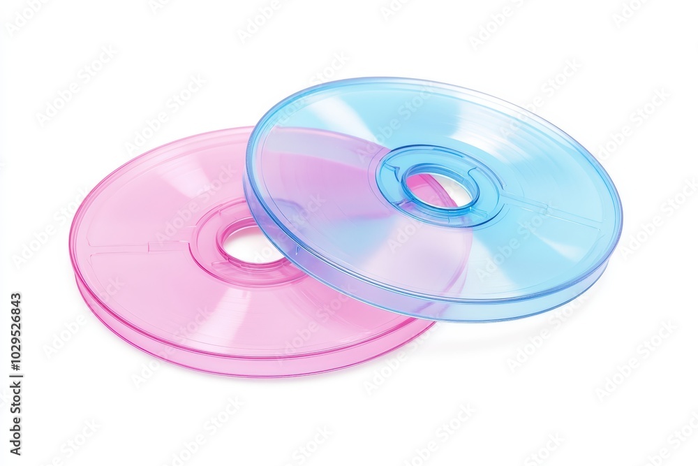 Two translucent discs, one pink and one blue, on a white isolated background. Two translucent discs, one pink and one blue, on a white isolated background.