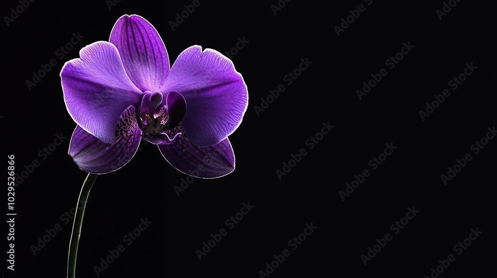 Naklejka premium Close-up purple flower on black background with left-side reflection