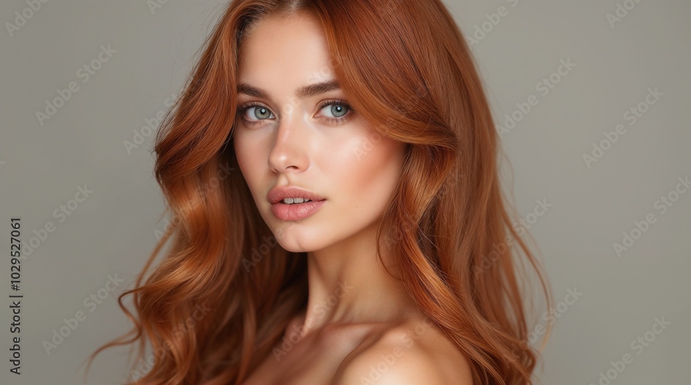 Fototapeta premium A stunning woman with long, curly red hair poses in profile. Her elegant style and captivating gaze express beauty and sophistication. Ideal for concepts of style, beauty, and femininity.