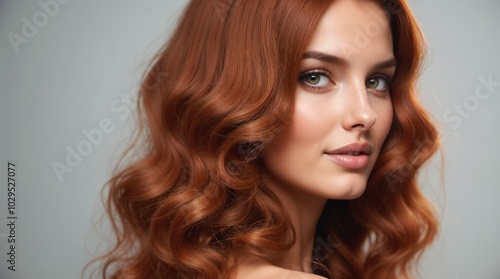 Wallpaper Mural A stunning woman with long, curly red hair poses in profile. Her elegant style and captivating gaze express beauty and sophistication. Ideal for concepts of style, beauty, and femininity.

 Torontodigital.ca