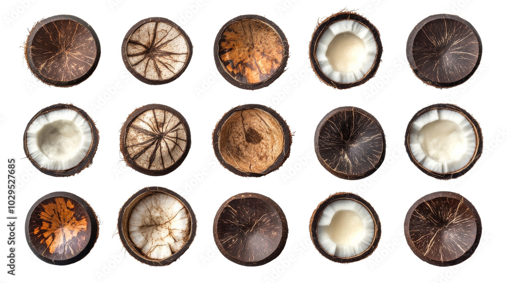 Coconut halves, different views, isolated Coconut halves, different views, isolated
