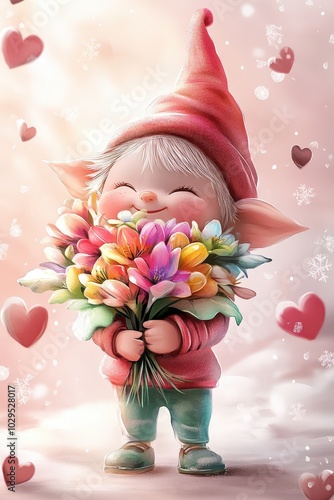A happy elf character holding a bouquet of colorful flowers, surrounded by floating hearts and snow crystals, soft pastel pink background, 