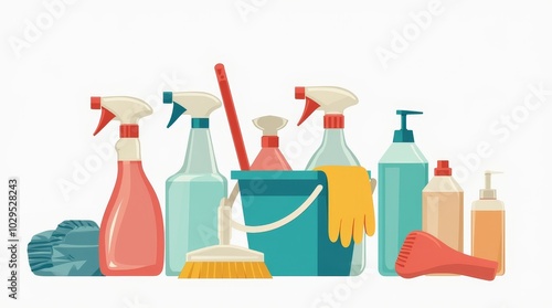 Various cleaning supplies arranged for an indoor cleaning task in a well-lit environment