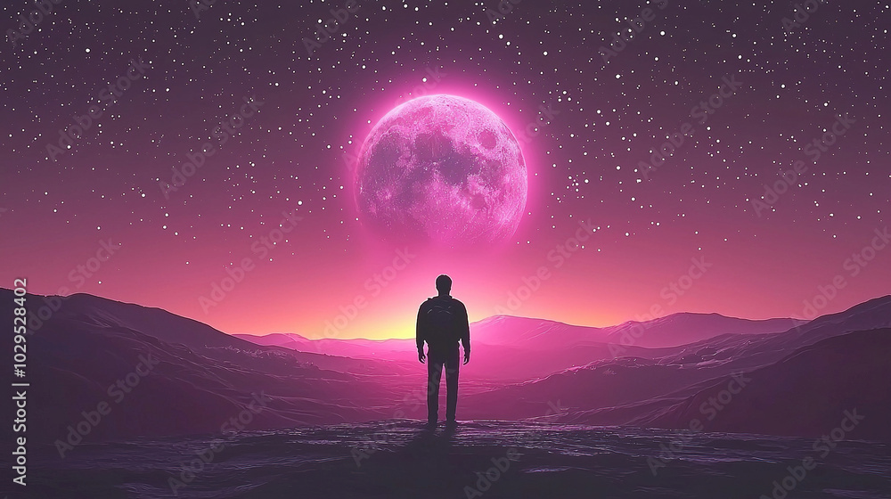 Man with backpack standing on mountain looking at giant pink moon in starry sky