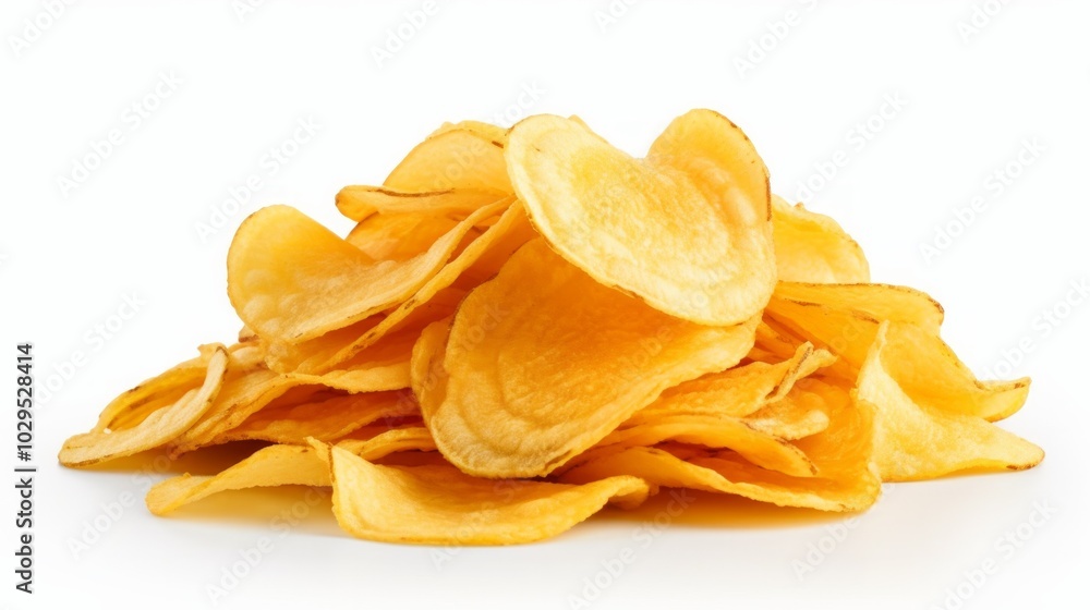 Yellow potato chips pile isolated on white background. Neural network ai generated art Yellow potato chips pile isolated on white background. Neural network ai generated art