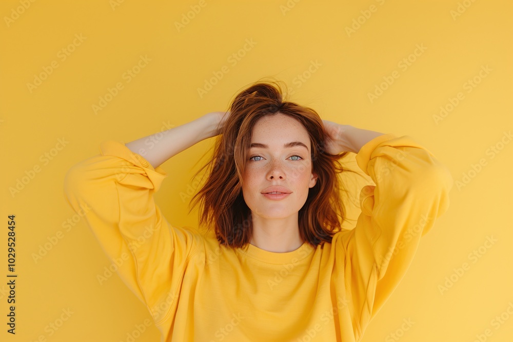 Smiling Woman in Yellow Sweater Posing with Hands in Hair Against Bright Yellow Background, Cheerful and Minimalist Fashion Portrait with Natural Light
Smiling Woman in Yellow Sweater Posing with Hands in Hair Against Bright Yellow Background, Cheerful and Minimalist Fashion Portrait with Natural Light