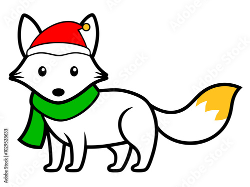 Vector Outline of A cute Arctic Fox wearing a Santa clause hat and scarf on white background   