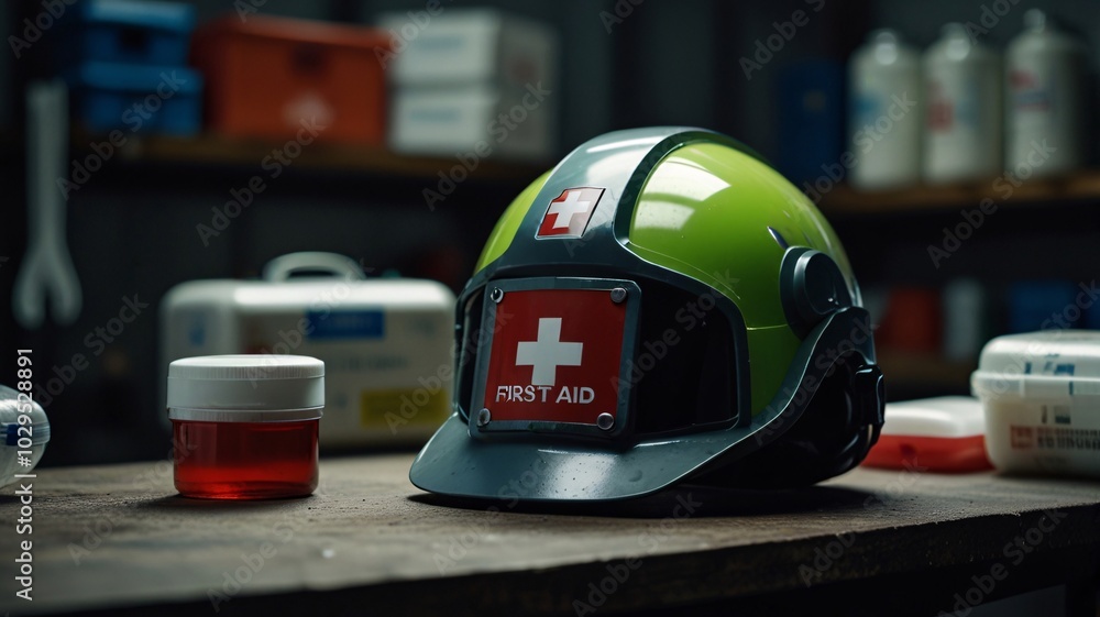 Fototapeta premium Helmet and First Aid, equipment to increase safety in industrial plants, basic treatment Zero Accidents, Safety First.