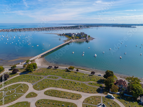 Spinnaker Island aka Hog Island aerial view in Hingham Bay in Boston Harbor, the island is part of Hull, Massachusetts MA, USA.  photo