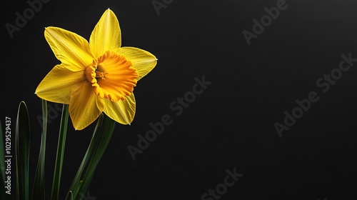  A solitary yellow daffodil in a vase against a black backdrop, with long green stems in the foreground