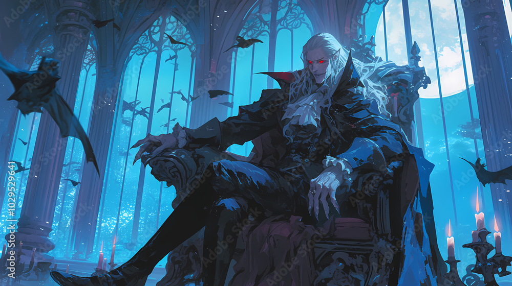 Dark-Fantasy Vampire Lord in Gothic Castle: Anime Art Dark-Fantasy Vampire Lord in Gothic Castle: Anime Art