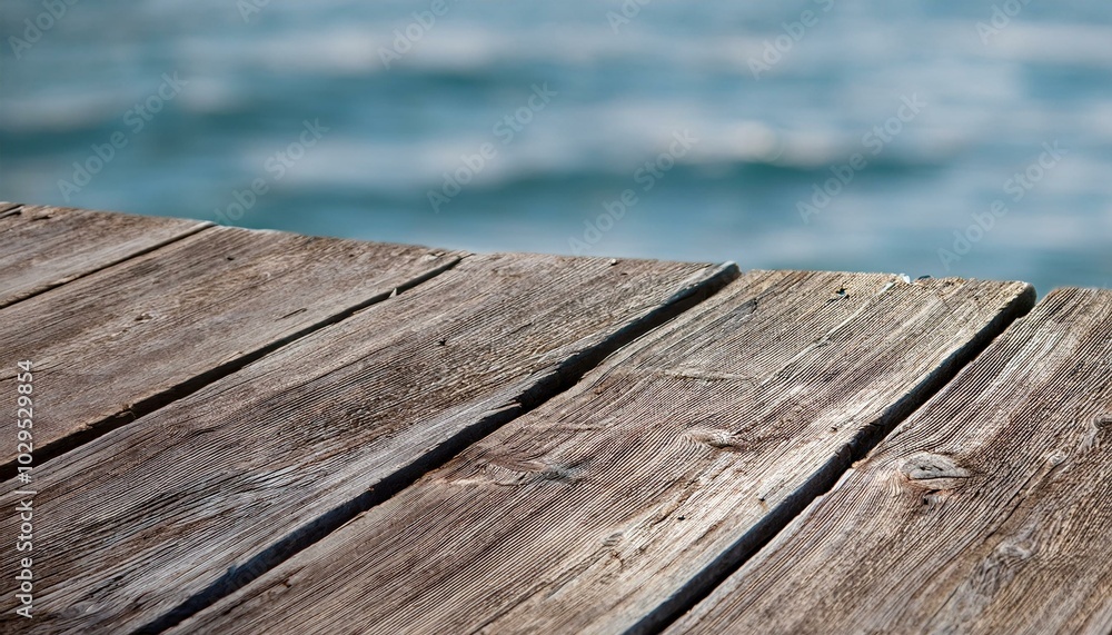 Close-up of the sun-bleached, weathered planks of a pier, with a clear space of water beyond Close-up of the sun-bleached, weathered planks of a pier, with a clear space of water beyond