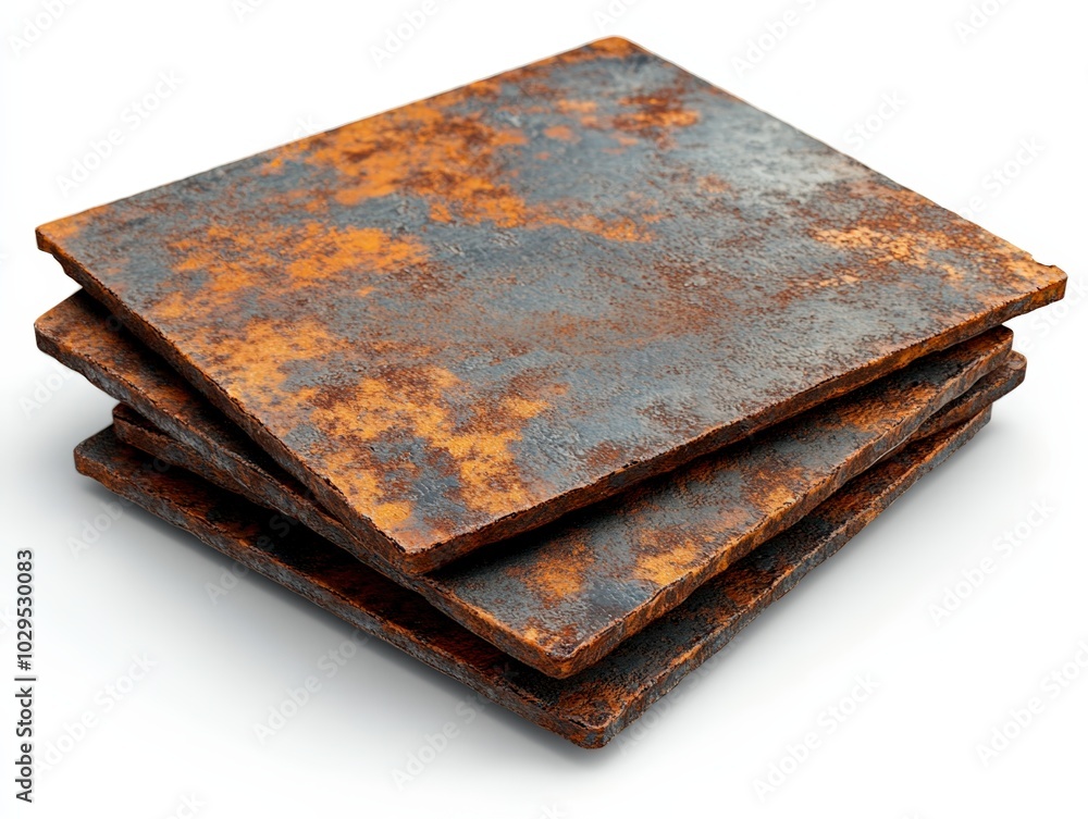 Rusty metal sheets stacked, white isolate background. Rusty metal sheets stacked, white isolate background.