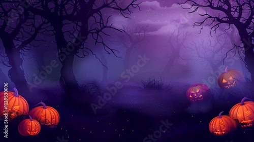 Halloween background with pumpkins, dark trees, fog, night sky, purple theme, large top left copy space, detailed vector art. photo