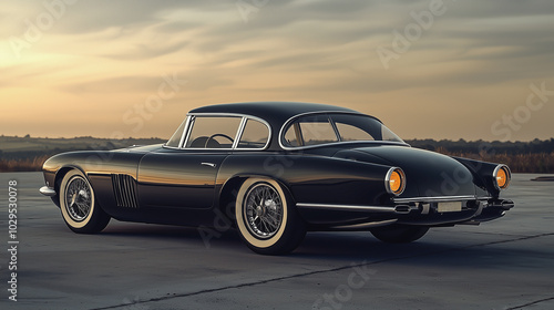 Vintage black sports car parked on an empty road at sunset, classic curves reflecting light