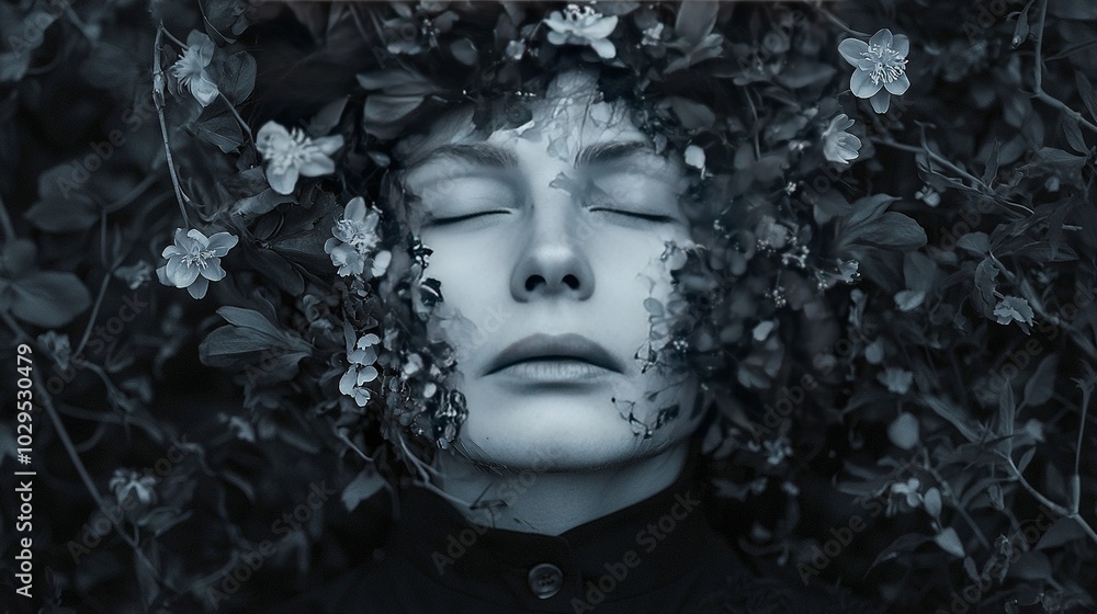  A monochrome portrait of a woman with closed eyes amidst an array of greenery and blossoms