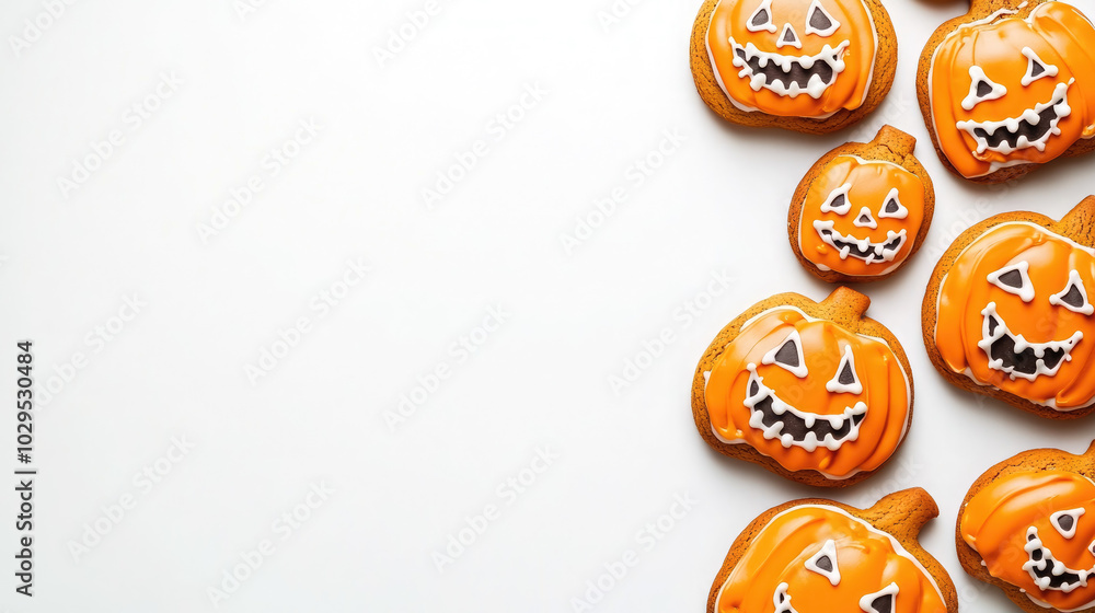 Halloween pumpkin shaped gingerbread cookies in orange icing on white background, all saints day, holiday, place for text, october 31, jack o lantern, card, copyspace, blank, celebration, food, baking Halloween pumpkin shaped gingerbread cookies in orange icing on white background, all saints day, holiday, place for text, october 31, jack o lantern, card, copyspace, blank, celebration, food, baking