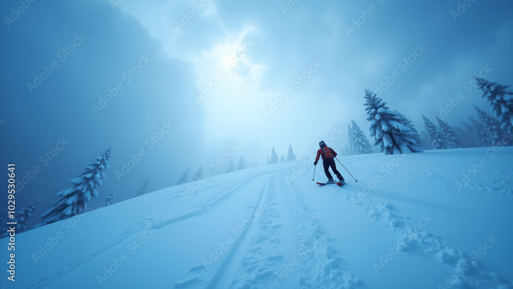 An Exciting View Looking Up Towards Dark Clouds as One Prepares for a Thrilling Descent Down the Snow-Covered Slope An Exciting View Looking Up Towards Dark Clouds as One Prepares for a Thrilling Descent Down the Snow-Covered Slope